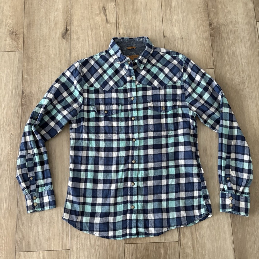 JACHS Girlfriend Western Shirt‎ Womens Small Blue Flannel Cowgirl Pearl Snap